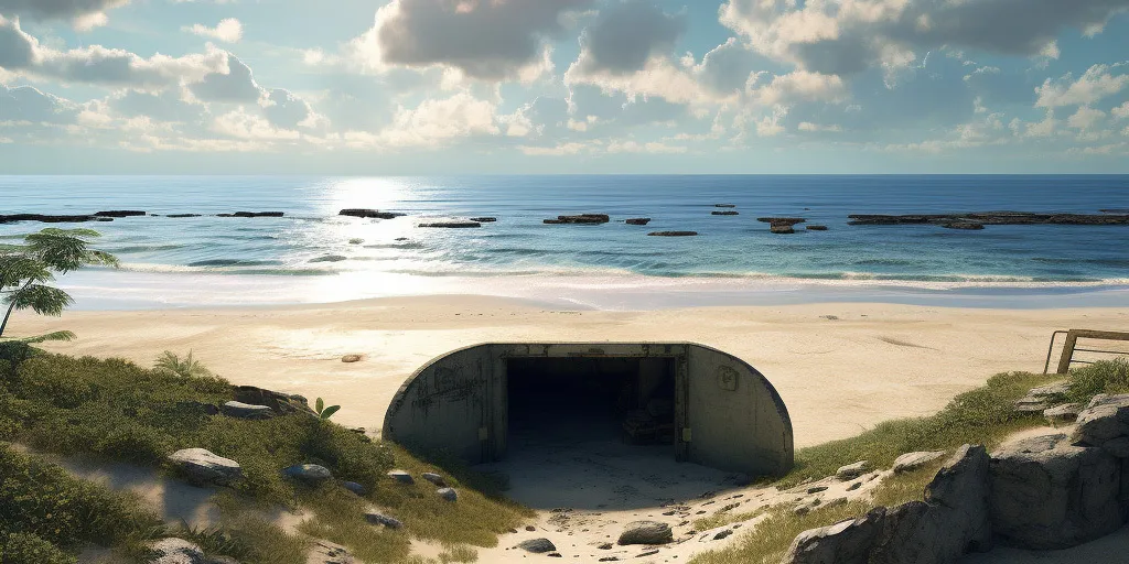 En strand med en djup bunker som går ner i sanden under havet.